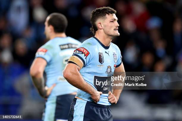 Nathan Cleary of the Blues looks dejected at full-time during game one of the 2022 State of Origin series between the New South Wales Blues and the...