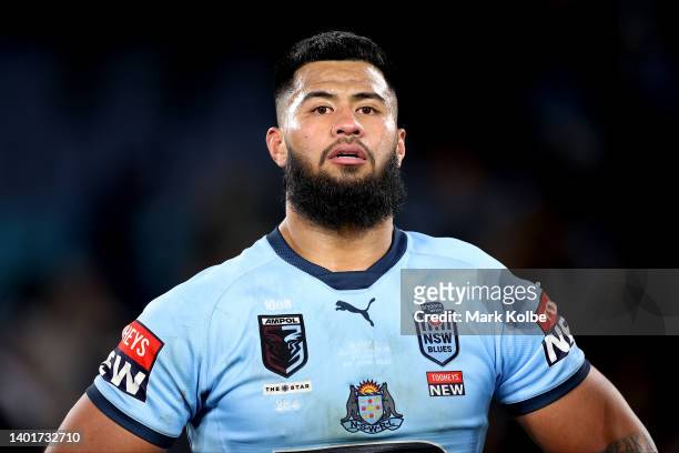 Payne Haas of the Blues looks dejected at full-time during game one of the 2022 State of Origin series between the New South Wales Blues and the...