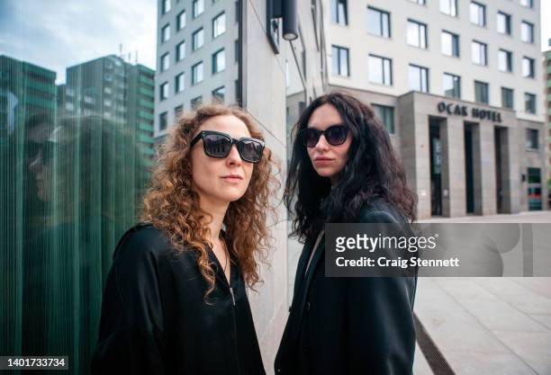 Maria Alyokhina and Olga Borisova of the Russian performance art group and punk band Pussy Riot photographed on May 13, 2022 in Mitte, Berlin,...