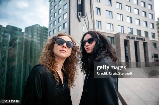 Maria Alyokhina and Olga Borisova of the Russian performance art group and punk band Pussy Riot photographed on May 13, 2022 in Mitte, Berlin,...