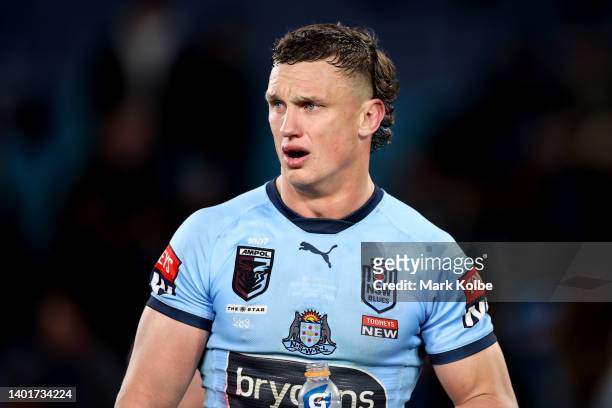 Jack Wighton of the Blues looks on during game one of the 2022 State of Origin series between the New South Wales Blues and the Queensland Maroons at...