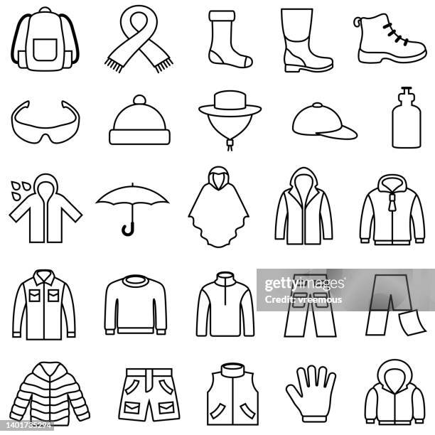 ilustraciones, imágenes clip art, dibujos animados e iconos de stock de iconos de contorno de ropa al aire libre - sweater