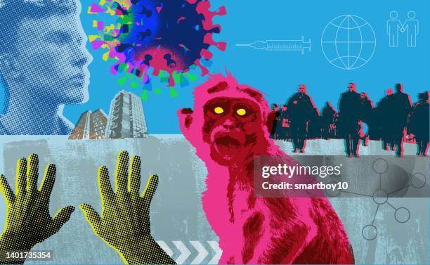 monkeypox art collage - monkey hand stock illustrations