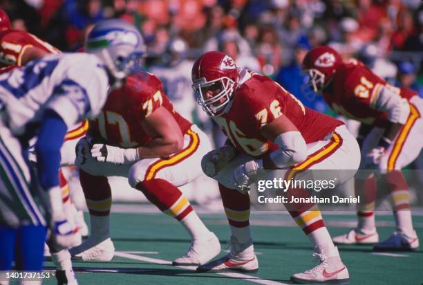 John Alt, Offensive tackle for the Kansas City Chiefs prepares for the snap on the line of scrimmage during the American Football Conference West...