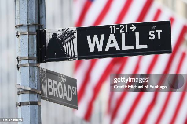 Wall Street sign is seen outside of the New York Stock Exchange during morning trading on June 08, 2022 in New York City. The Dow Jones, S&P and...