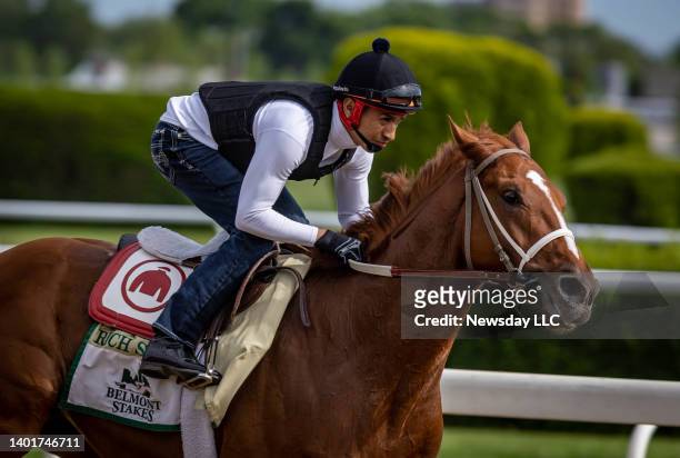 Exercise rider Gabriel Lagunes taking Rich Strike for a Pre-Belmont Stakes early morning workout at Belmont Park in Elmont, New York on June 7, 2022.