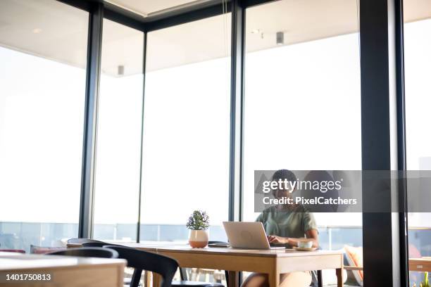 wide shot with copy space woman using laptop in cafe - wide shot of people stock pictures, royalty-free photos & images