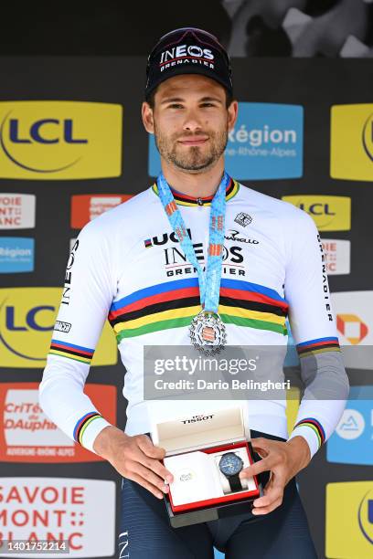 Filippo Ganna of Italy and Team INEOS Grenadiers celebrates winning the stage on the podium ceremony after the 74th Criterium du Dauphine 2022 -...