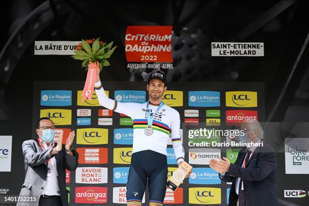 Filippo Ganna of Italy and Team INEOS Grenadiers celebrates winning the stage on the podium ceremony after the 74th Criterium du Dauphine 2022 -...