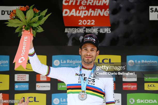 Filippo Ganna of Italy and Team INEOS Grenadiers celebrates winning the stage on the podium ceremony after the 74th Criterium du Dauphine 2022 -...