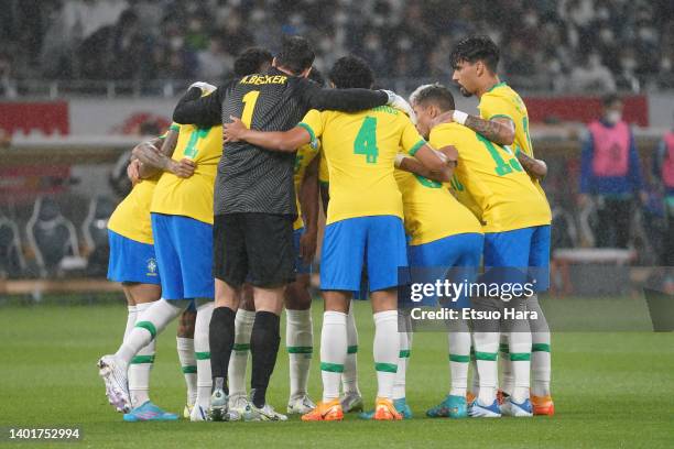 Players of Brazil huddle prior to the international friendly match between Japan and Brazil at National Stadium on June 06, 2022 in Tokyo, Japan.