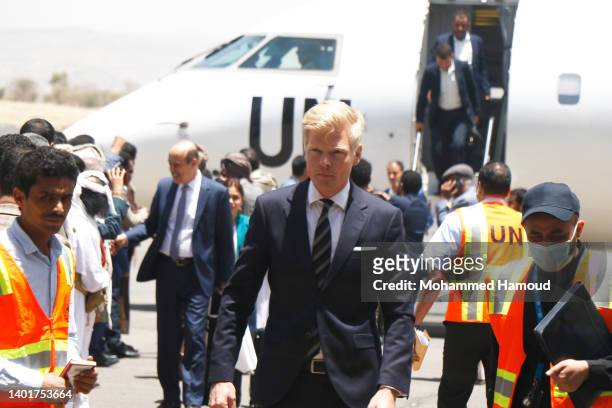 Swedish Diplomat and U.N. Special envoy to Yemen, Hans Grundberg, arrives at the Houthi-held Sana'a International Airport for talks with the Houthi...