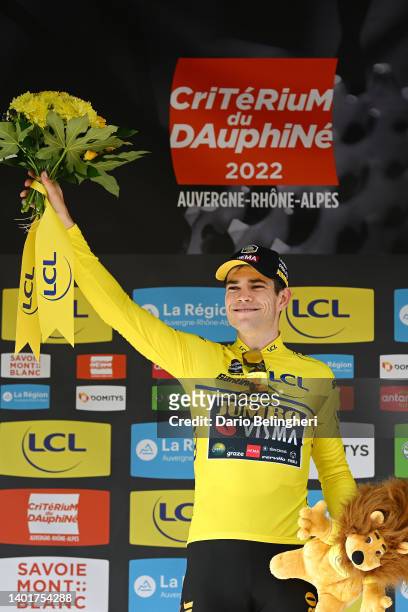 Wout Van Aert of Belgium and Team Jumbo - Visma celebrates winning the Yellow Leader Jersey on the podium ceremony after the 74th Criterium du...