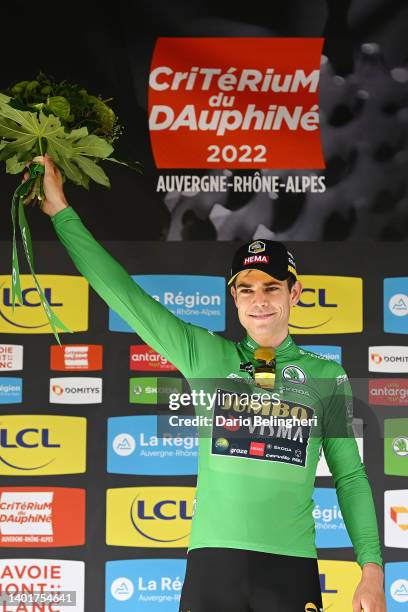 Wout Van Aert of Belgium and Team Jumbo - Visma celebrates winning the Green Points Jersey on the podium ceremony after the 74th Criterium du...