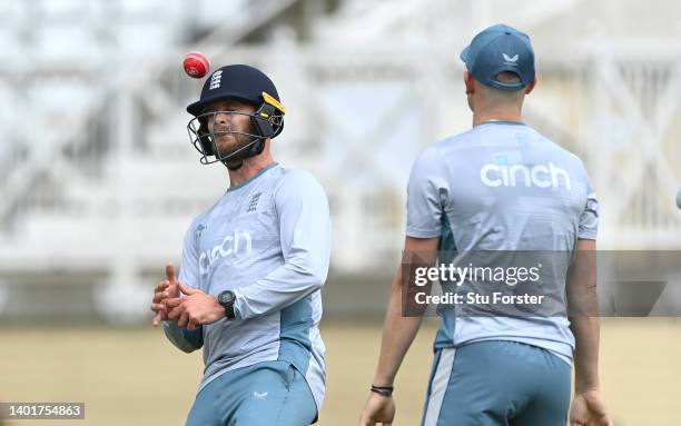 England wicketkeeper coach James Foster in batting helmet in action during a warm up game during nets ahead of the Second Test Match between England...