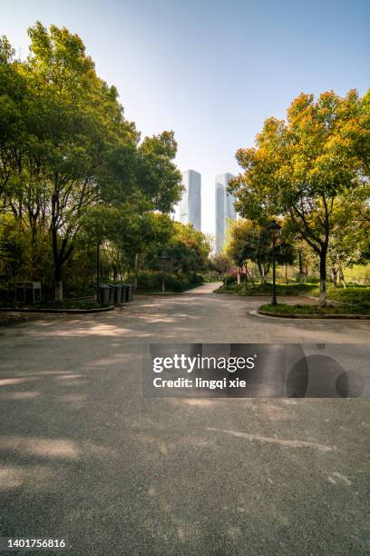twin towers of modern skyscrapers at the end of the park road - voie pédestre photos et images de collection