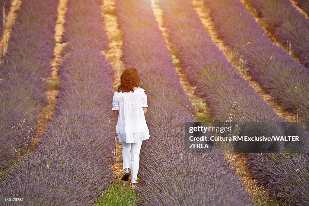 Woman walking in field of purple flowers
