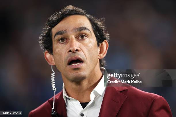 Maroons assistant coach Johnathan Thurston watches on during game one of the 2022 State of Origin series between the New South Wales Blues and the...
