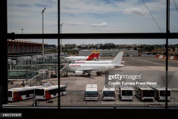 Several Iberia planes on the runway of Terminal 4 at Adolfo Suarez Madrid-Barajas airport, June 8 in Madrid, Spain. The Government has announced that...