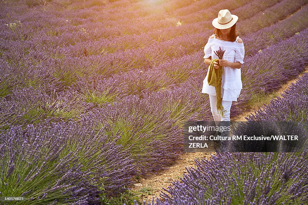 Woman walking in field of purple flowers