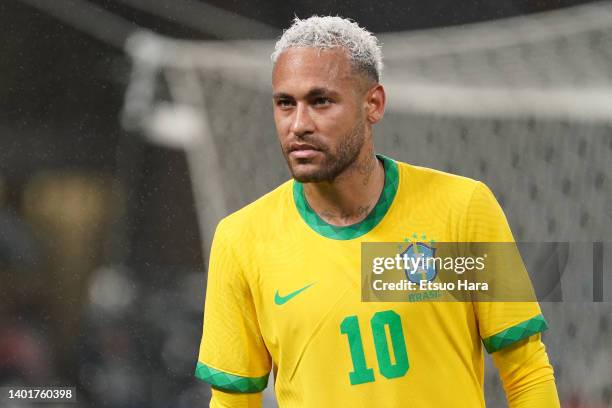 Neymar Jr. Of Brazil react during the international friendly match between Japan and Brazil at National Stadium on June 06, 2022 in Tokyo, Japan.