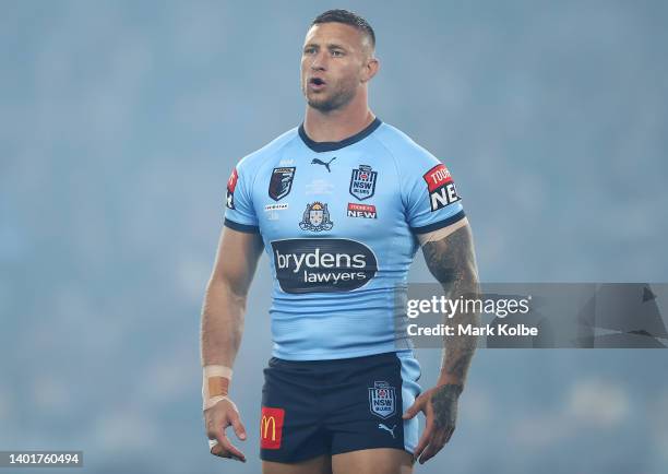 Tariq Sims of the Blues prepares for kick-off during game one of the 2022 State of Origin series between the New South Wales Blues and the Queensland...