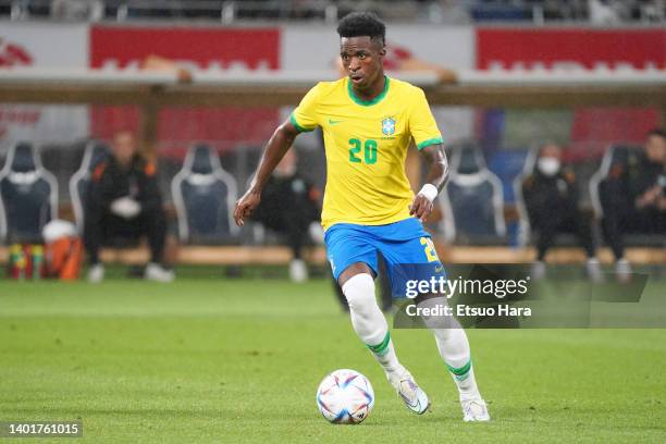 Vinicius Junior of Brazil in action during the international friendly match between Japan and Brazil at National Stadium on June 06, 2022 in Tokyo,...