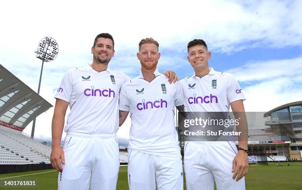 The three Durham England players pictured together, Alex Lees captain Ben Stokes and Matthew Potts prior to nets ahead of the Second Test Match...