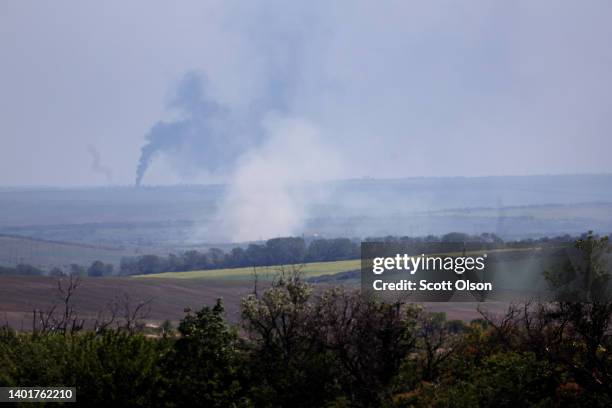 Smoke rises from a battlefield on June 08, 2022 near Sloviansk, Ukraine. In recent weeks, Russia has concentrated its firepower on Ukraine's Donbas...