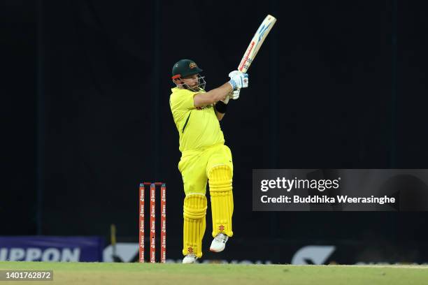 Aaron Finch of Australia bats during the 2nd match in the T20 International series between Sri Lanka and Australia at R. Premadasa Stadium on June...