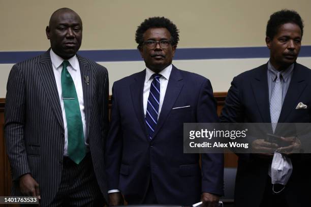Attorney Ben Crump, Garnell Whitfield, Jr. And Raymond Whitfield, sons of Ruth Whitfield, who died in the mass shooting at the Buffalo, New York Tops...