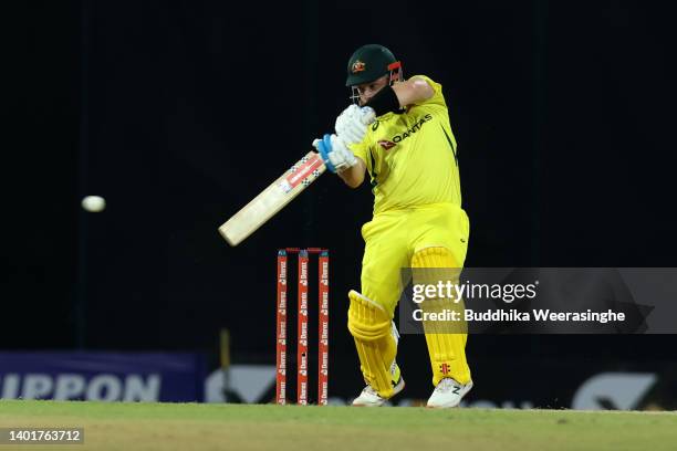 Aaron Finch of Australia bats during the 2nd match in the T20 International series between Sri Lanka and Australia at R. Premadasa Stadium on June...