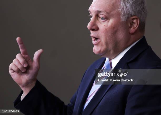 House Republican Whip Steve Scalise makes a gun gesture as he speaks at a press conference following a Republican caucus meeting at the U.S. Capitol...