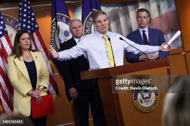 Rep Jim Jordan speaks at a press conference following a Republican caucus meeting at the U.S. Capitol on June 08, 2022 in Washington, DC. Joradn and...
