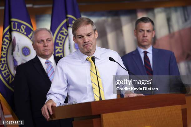 Rep Jim Jordan speaks at a press conference following a Republican caucus meeting at the U.S. Capitol on June 08, 2022 in Washington, DC. Joradn and...