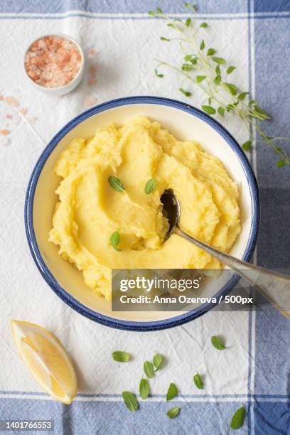 homemade mashed potatoes in a white and blue bowl with a slice of lemon,herbs and a spoon,russia - püriert stock-fotos und bilder