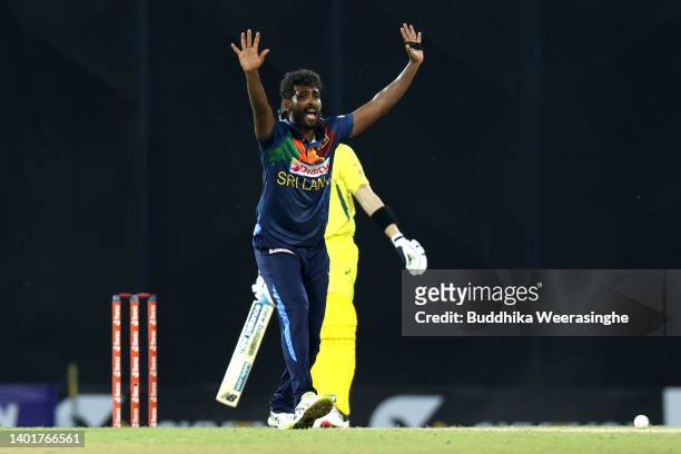 Nuwan Thushara of Sri Lanka celebrates after taking a wicket Steve Smith of Australia during the 2nd match in the T20 International series between...