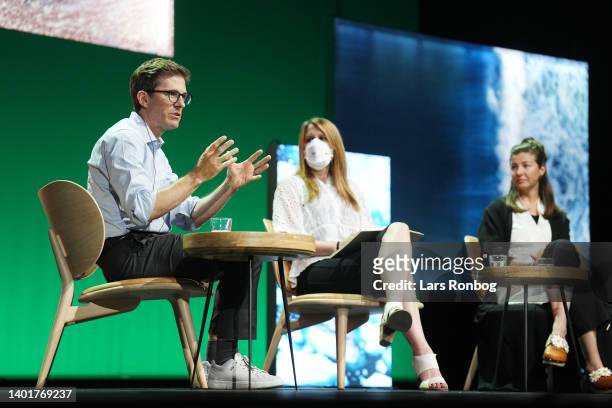 Moderator Patrick Frick, Margot Wood, Kristen Nutall speak at the ‘Science-Based Targets for Nature’ panel discussion during Day Two of the Global...