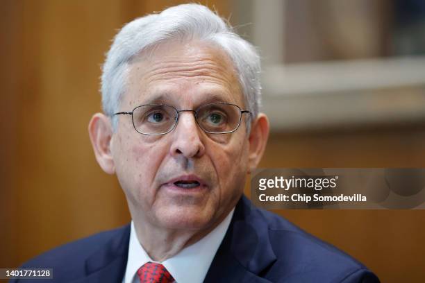 Attorney General Merrick Garland speaks to reporters before meeting with members of the team that will conduct the critical incident review of the...