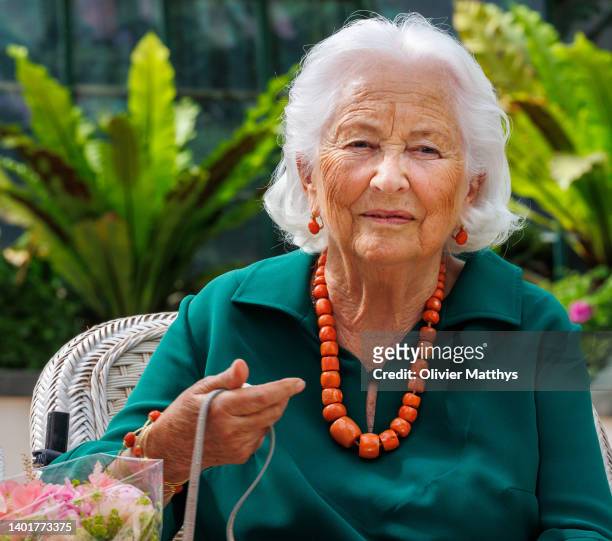 Queen Paola of Belgium attends the Queen Paola Prize for Education 2021-2022 distribution on June 8, 2022 in the Royal Castle’s Orangerie in...