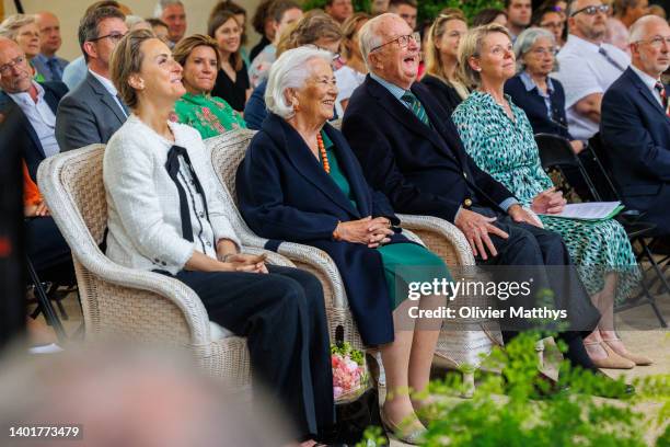 Princess Claire, Queen Paola and King Albert II of Belgium share a light moment during the presentation of the Queen Paola Prize for Education...