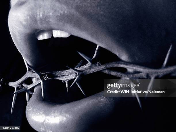 close-up of a man's mouth with thorns - pique photos et images de collection