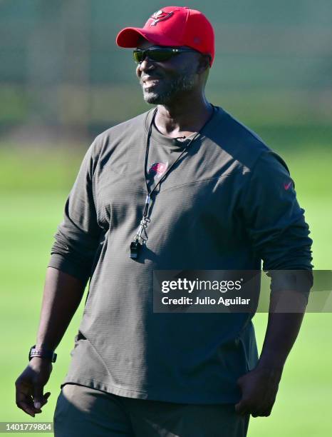 Head coach Todd Bowles of Tampa Bay Buccaneers looks on during the 2022 Buccaneers minicamp at AdventHealth Training Center on June 08, 2022 in...