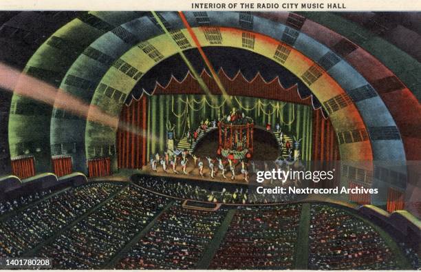 Vintage colorized historic souvenir photo postcard published circa 1942 depicting the vibrant midtown and downtown skyscrapers of New York City...