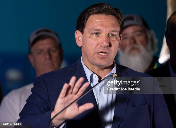 Florida Gov. Ron DeSantis speaks during a press conference held at the Cox Science Center & Aquarium on June 08, 2022 in West Palm Beach, Florida....