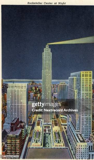 Vintage colorized historic souvenir photo postcard published circa 1942 depicting the vibrant midtown and downtown skyscrapers of New York City...