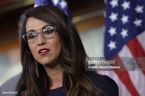 Rep. Lauren Boebert speaks at a House Second Amendment Caucus press conference at the U.S. Capitol on June 08, 2022 in Washington, DC. The lawmakers...