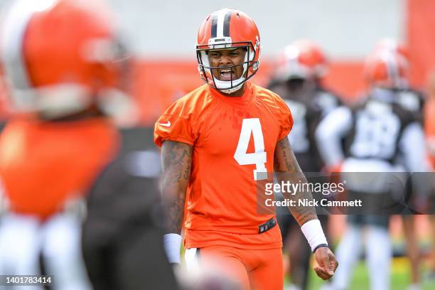 Deshaun Watson of the Cleveland Browns runs a drill during the Cleveland Browns offseason workout at CrossCountry Mortgage Campus on June 8, 2022 in...