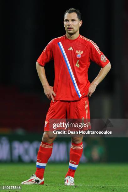Sergey Ignashevich of Russia looks on during the International Friendly between Denmark and Russia at Parken Stadium on February 29, 2012 in...