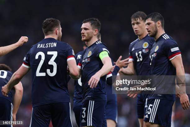 Goalscorer Anthony Ralston of Scotland celebrates with captain Andy Robertson of Scotland during the UEFA Nations League League B Group 1 match...